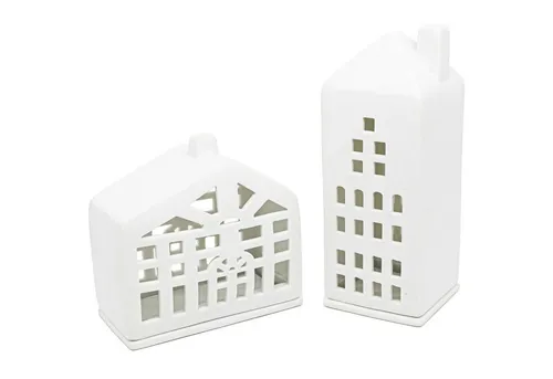 Parusia Windlicht Parusia Lichthaus 2er Set Zuhause weiß Keramik matt glasiert, Fachwerkhaus und Wohnhaus mit Kerzenteller, Deko