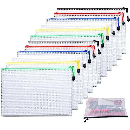 PLATEYTR Dokumententasche A4,12 Stücke Datei Taschen mit Etikettentasche,A4 Mesh Kunststoff Reißverschlusstasche,A4 Zipper Tasche für Datei,Papier, Dokumente, Kosmetika, Hausaufgaben und Reisezubehör