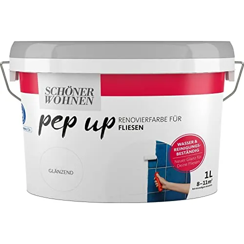 Schöner Wohnen Pep Up Renovierfarbe Weiß glänzend 1 L - Lacke für Fliesen und Wände, feuchtigkeitsbeständig und ideal für den Innenbereich. Perfekt für schnelle Renovierungen mit einer Abdeckung von 2-10 m².