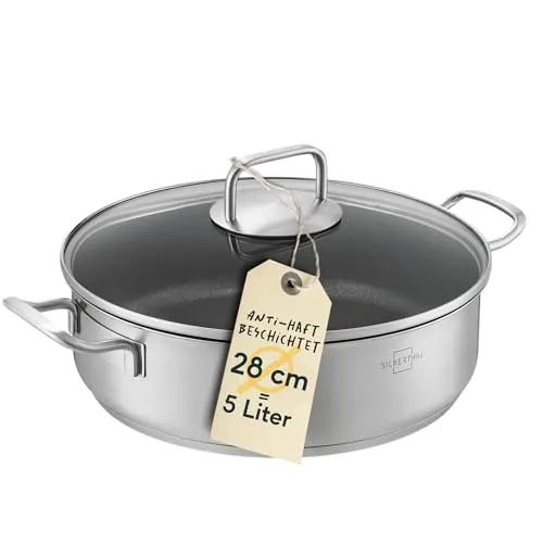 SILBERTHAL Servierpfanne Schmorpfanne Induktion 28 cm - Edelstahl Schmorpfanne mit Antihaftbeschichtung, 5 Liter Volumen und ergonomischen, hitzefesten Griffen. Ideal für Induktion und andere Herdtypen, spülmaschinenfest und lebensmittelfreundlich.