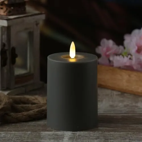 MARELIDA LED Kerze für Innen/Außen Kunststoffkerze Stumpenkerze für Balkon Terrasse Outdoorkerze mit flackernder Flamme und Timer Tischkerze Dekokerze grau (D: 7,5cm - H: 10cm)