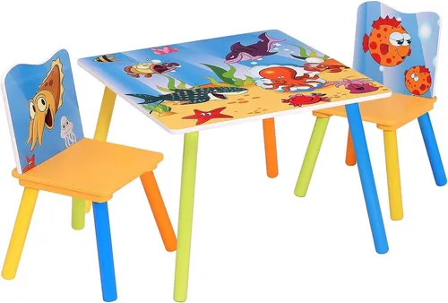 Woltu Kindersitzgruppe Meerestiere – Kindertisch mit 2 Stühlen