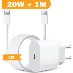 Ladegerät 20W + 1m Ladekabel USB-C für iPhone 5, 6, 7, 8, X, XS, XR, 11, 12, 13, 14 Pro, Max , Adapter und Lightning - Weiß