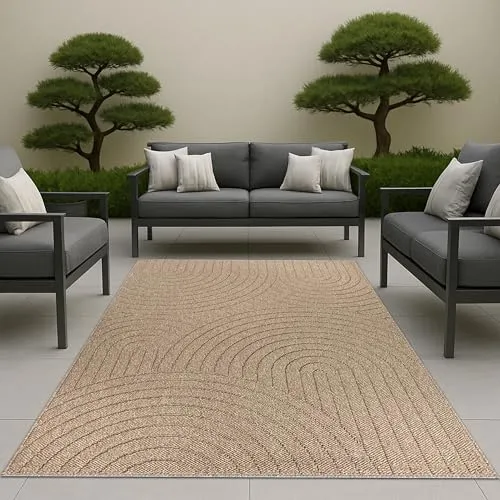 CARPETIA In & Outdoor Teppich für Balkon Terrasse Wohnzimmer mit Jute Optik und feiner Rundstruktur robust pflegeleicht beige 120 x 160 cm