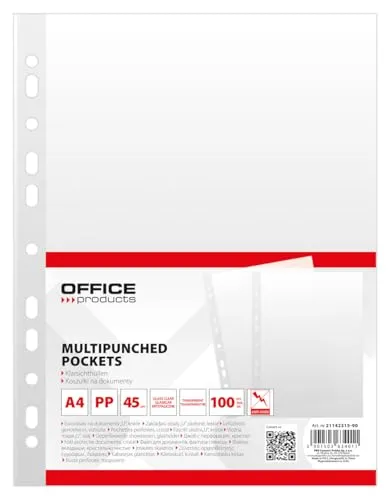 OFFICE PRODUCTS Prospekthüllen / 100 Stück/Din A4/ Glasklar Oben Offen Klarsichthüllen Sicht-Hüllen Gelochte Plastikhülle für Dokumente Papiere Akten Ordner/PP/Transparent 45 Mikron Dokumentenhülle