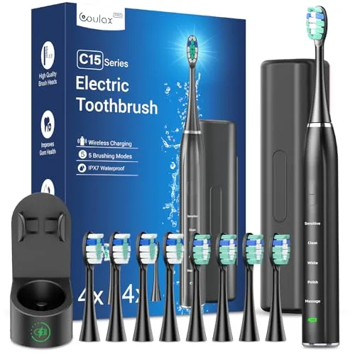 Elektrische Zahnbürste - Schallzahnbürste für Erwachsene mit Wandhalterung Ladestation und 8 Bürstenköpfen, Electric Toothbrush mit 5 Modi, 40000VPM, Reiseetui, Bürstentimer
