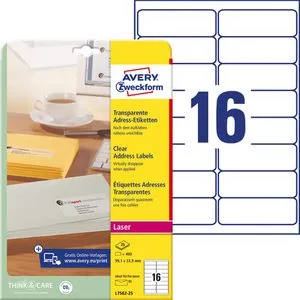 Zweckform Adressetiketten L7562-25, transparent, 400 Stück - Wetterfeste, selbstklebende Adressetiketten in transparent für Kopierer und Drucker. Ideal für DIN lang Kuverts, reißfest und mit QuickPeel-Abziehhilfe.