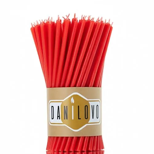 Danilovo Reine Bienenwachskerzen – tropffrei, rauchfrei, hohe, dünne Spitzkerzen – dekorative Kerzen für Kirchgebet, Deko oder Geburtstagskerzen – Honigduft Kerzen – 16,5 x 0,57 cm (Rot, 50 Stück)