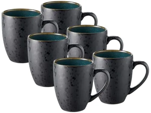 Bitz Geschirr-Set Becher mit Henkel matt black / shiny green 0,3 l Set 6 - Elegantes 6-teiliges Becher-Set aus Steinzeug mit mattem Schwarz und glänzendem Grün, ideal für Kaffee und Tee. Spülmaschinenfest und mikrowellengeeignet – perfekte Kombination aus Stil und Funktionalität.