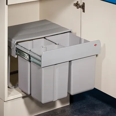 Naber Trio Shorty Abfallsammler - Platzsparender Mülleimer in Alu Grau - Haushaltszubehör mit 30 Liter Abfallvolumen, ideal für kleine Küchen. Mit Vollauszug für einfache Handhabung und nur 345 mm Einbauhöhe - der perfekte Raumsparer!