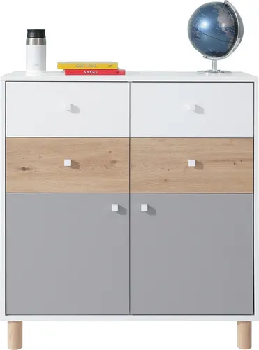 Lomadox Kommode FAIRFAX-133, 85cm in Weiß mit Eiche und Grau - Moderne Kommode FAIRFAX-133 in Weiß mit Eiche und Grau. Ideal für Kinder- und Jugendzimmer, bietet viel Stauraum und besticht durch elegantes Design und robuste Materialien.