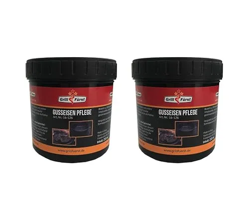 Grillfürst Einbrenn- und Pflegepaste inkl. Schwamm, 2 x 250 ml - Pflege für Gusseisen, Gussrost, Dutch Oven und Feuertopf, aus Kokosnussöl und Wachs