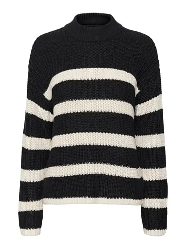 VERO MODA Damen VMHILDA LS Highneck GA NOOS Pullover, Black/Stripes:Birch, S