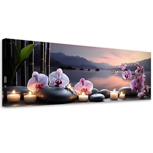 Feeby Bilder Orchidee Zen Spa 90x30 cm 1 tlg Modern Leinwandbilder Bild auf Leinwand Kunstdruck Wand Bild Wanddeko Design Schlafzimmer Büro Flur Hotel Spa Wohnzimmer Wasser Kerzen Steine Violett