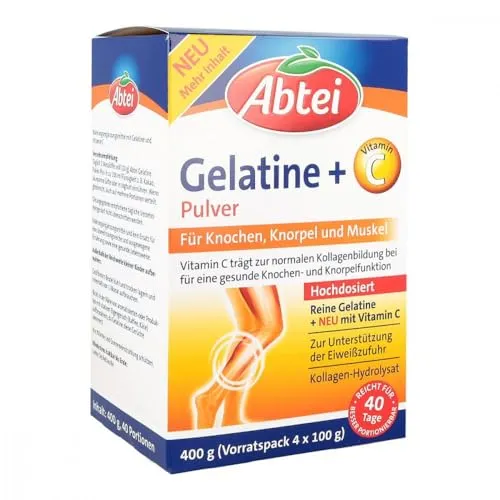 Abtei Gelatine Plus Vitamin C Pulver 400 g - Multivitaminpräparate & Mineralien, fördert die Gesundheit von Haut, Haaren und Nägeln mit zusätzlichem Vitamin C für mehr Vitalität.