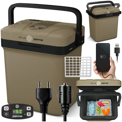 PEME Essential 23 Liter elektrische Kühlbox zum Kühlen und Warmhalten, 12/230V mobiler Kühlschrank, Eco-Modus, USB-Anschluss, für Camping und Auto