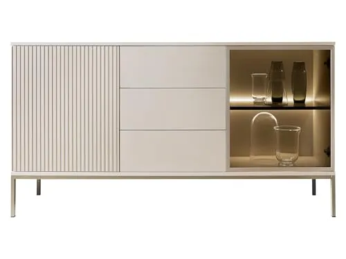 MIRJAN24 Kommode Sento KSZ154 mit LED-Beleuchtung - Moderne Kommode in Cashmere mit 2 Drehtüren und 3 Schubladen, inklusive stilvoller LED-Beleuchtung. Ideal für ein elegantes Wohnambiente.