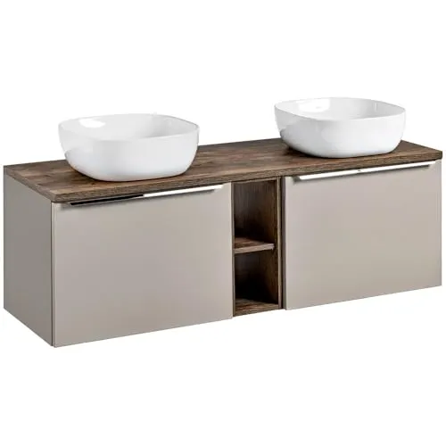 Lomadox Badmöbel Waschtisch-Unterschrank Set 140cm, Taupe mit Vintage Oak Eiche