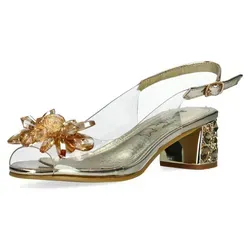 Misstyl by Laura Vita Damen Sandalette Slingback Peeptoe Transparent MILY 22 in Gold, Größe 37 EU - Elegante Slingback-Sandalette mit transparentem Obermaterial und funkelnden Glitzersteinen. Ideal für festliche Anlässe, sorgt der Blockabsatz für angenehmen Tragekomfort.