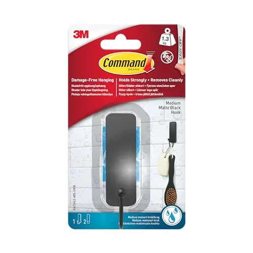 Command Badhaken mittelgroß, Mattschwarz, 1 Haken und 2 wasserabweisende Streifen, beschädigungsfreier Badhaken mit Klebestreifen