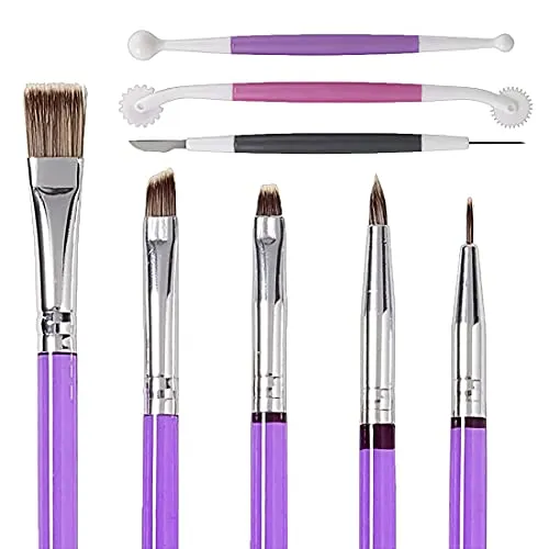 Yxhome 8-teiliges Dekorationswerkzeug-Set für Fondantkuchen, Zuckerkekse, Pinsel, Zahnfleischpaste, Blumenküchenbedarf, 5 Pinsel und 3-teiliger Doppelkopf, Lila, Kunststoff und Metall