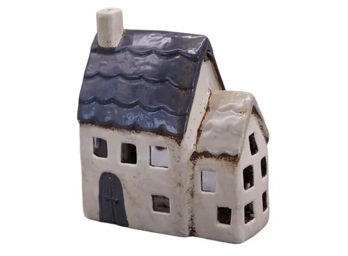 Windlicht Haus blaues Dach mit Henkel Lichthaus Keramik Scandi Skandi Teelicht
