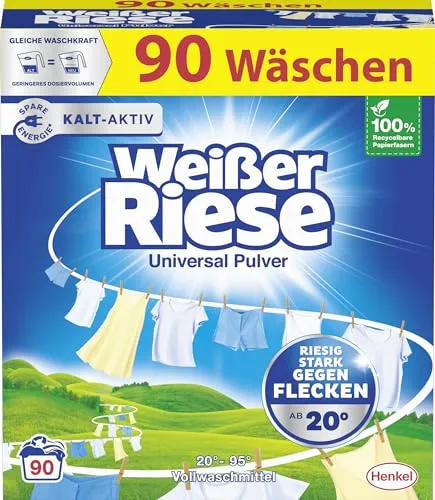 WEIßER RIESE Vollwaschmittel Universal Pulver 90WL - Waschmittel für strahlend saubere Wäsche, besonders kraftvoll gegen Flecken und geeignet für alle Textilien.