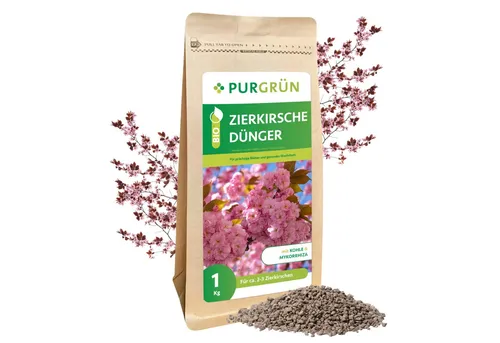 Purgrün Bio Zierkirsche Dünger 1 kg - Für prächtige Blüten - Pflanzendünger für Zierkirschen, unterstützt gesundes Wachstum mit Mykorrhiza und verbessert die Bodenstruktur für üppige Blütenpracht.