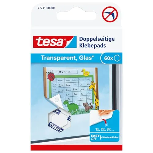 tesa doppelseitige Klebepads TACK - 60 transparente Klebestreifen - Klebstoffe: tesa TACK Klebepads sind ideal für das saubere Befestigen von leichten Objekten an Wänden und Fenstern, spurlos ablösbar und wiederverwendbar.
