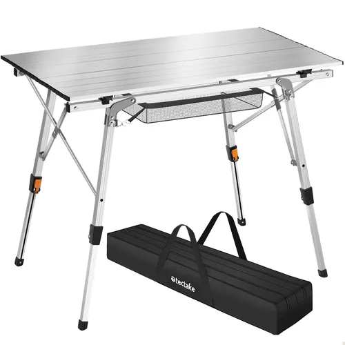 tectake® Campingtisch aus Aluminium - Faltbar, Höhenverstellbar, Wetterfest, 90 x 52 cm - Camping-Möbel: Der vielseitige tectake Campingtisch ist leicht, stabil und wetterfest. Ideal für Camping, Picknicks oder Garten, mit höhenverstellbaren Beinen und praktischem Aufbewahrungsnetz.