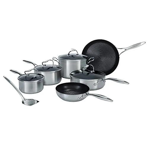 Circulon SteelShield Edelstahl Topfset Induktion 6-Teilig mit Bratpfanne, Sauteuse & Bonus Pfannenwender - Töpfe Set - Edelstahl - Spülmaschinenfest - Stay-Cool-Griffe und Glasdeckel