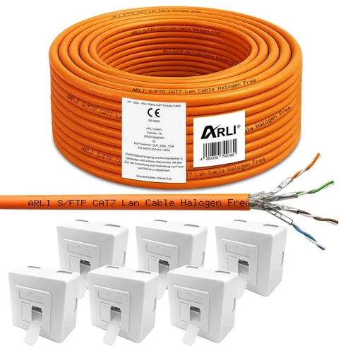 ARLI Cat7 Verlegekabel 100 m S/FTP + 6x Cat6a Netzwerkdose - Netzwerkkabel für feste Installationen, unterstützt 10 Gbit/s und ist halogenfrei. Ideal für die Gebäudeverkabelung mit einfacher Montage dank Meter-Markierung.