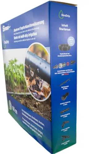 SiroDrip Starterset Tropfschlauchbewässerung 60 m – effizientes Bewässerungssystem mit Druckkompensation | Wasser sparen bis 70% | Ober- & unterirdisch verlegbar | inkl. Zubehör & Druckminderer