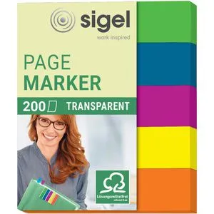 Sigel Haftmarker Page Marker, HN615, transparent, Folie, beschriftbar, 5 x 40 Streifen, farbsortiert