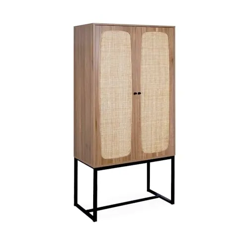 Retro Geschirrschrank mit Rohrgeflecht - 165 cm - Drohnen: Stilvoller Retro Geschirrschrank mit dunklem Holzdekor und robusten schwarzen Metallbeinen - ideal für eine elegante Wohnatmosphäre.