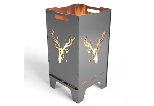 MOCAVI Feuerschale Feuertonne Hirsch 73 cm aus 3 mm Stahl - Robuste Feuertonne aus 3 mm Premium Stahl für Garten oder Terrasse, mit hervorragender Belüftung und individuellem Rost-Look. Werkzeugloser Aufbau und hohe Sicherheit dank sicherheitsverriegeltem Aschefach.