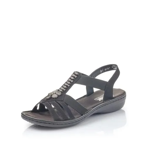 Rieker Damen Pantoletten 60806 - Bequeme Slipper für den Sommer - Wanderschuhe mit leichtem Kunstleder-Obermaterial, ideal für warme Tage. Der 3,5 cm Keilabsatz sorgt für zusätzlichen Komfort und Stil.