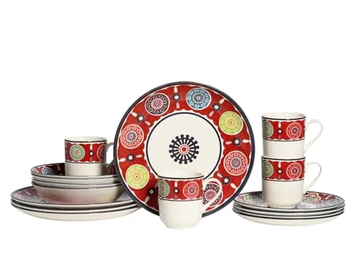 CreaTable 24008 Serie Sumaya Red - 16-teiliges Geschirrset für 4 Personen - Kombiservice aus Steingut, spülmaschinen- und mikrowellengeeignet, mit modernem Mandala Design in leuchtenden Farben für stilvolle Tafelfreuden.