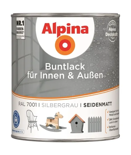 Produktbild Alpina Buntlack für Innen + Außen Silbergrau Seidenmatt 750ml