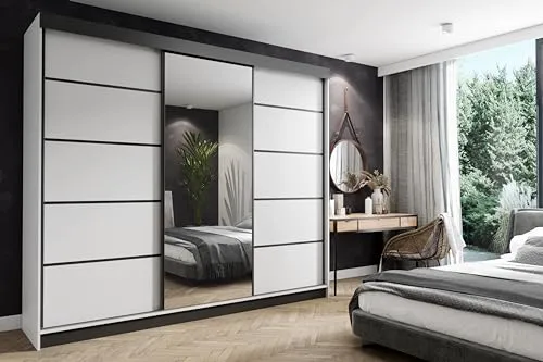 KIER FURNITURE Schiebegarderobe – Weißer Kleiderschrank mit Spiegel - Kleiderschrank mit zeitlosem Design, ausgestattet mit einem praktischen Schiebesystem und großzügigem Stauraum von 250x200x62 cm. Ideal für jedes Schlafzimmer!
