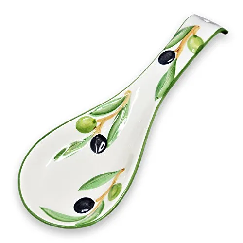 Lashuma Handgemachte Löffelablage aus Italienischer Keramik, Kochlöffelablage Reliefdekor im Oliven Design, Löffelhalter 28 cm