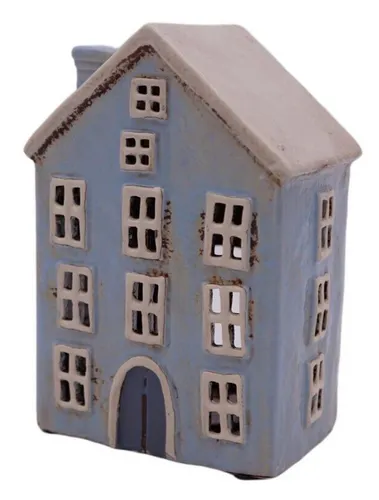 Windlicht Haus hellblau helles Dach Lichthaus Keramik Scandi Skandi Teelicht