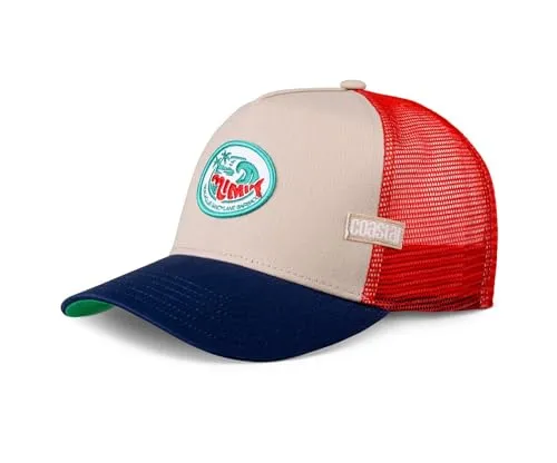 Coastal Mimik Sandylane Trucker Cap - Stylische Trucker Cap in Sand/Navy mit gebogenem Schirm und atmungsaktivem Mesh-Einsatz, ideal für den Sommer. Einheitsgröße und anpassbar durch Snapback-Verschluss.