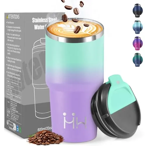 HoneyHolly Thermobecher 600 ml, Wiederverwendbar, Edelstahl Kaffeebecher-to-go Thermo, Auslaufsicher, Doppelwandiger Trinkbecher, Isolierbecher, Travel Mug für Heißen Kaffee, Tee und Kalte Getränke