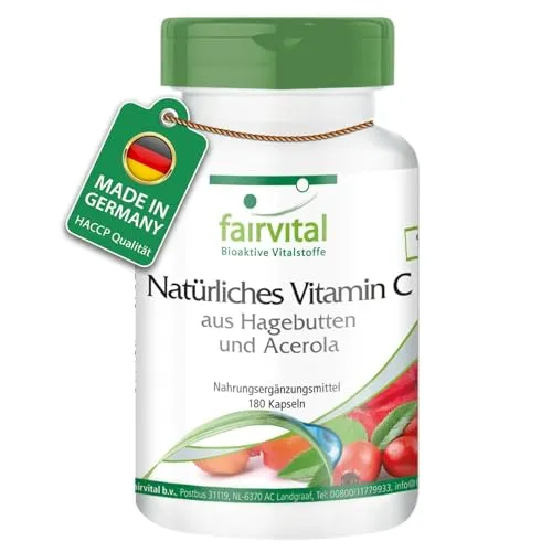Fairvital | Acerola Kapseln mit Hagebutten - Natürliches Vitamin C - 256mg pro Tagesdosis - HOCHDOSIERT - VEGAN - 180 Kapseln