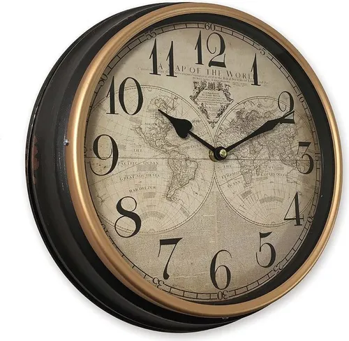 Wanduhr Weltkarte Vintage-Stil Schwarz Atlas Metallrahmen Rund 31cm