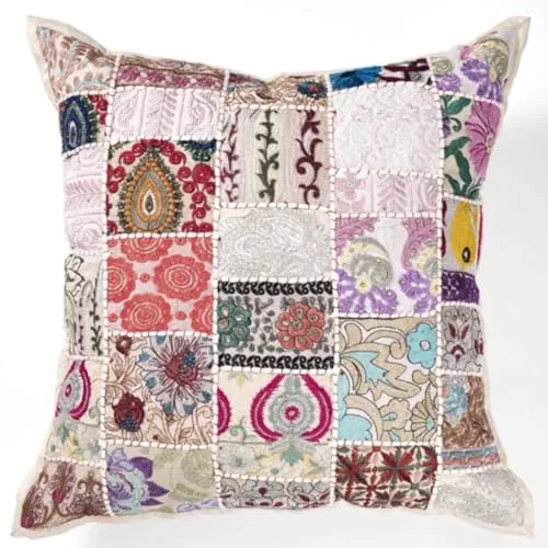 Casa Moro Orientalisches Patchwork Kissen MAR BEIGE Bunt 40x40 cm mit Füllung Stickerei & Pailletten | Boho Chic Deko-Kissen Couchkissen Sofa-Kissen & Geschenk-Idee Weihnachten MA7903