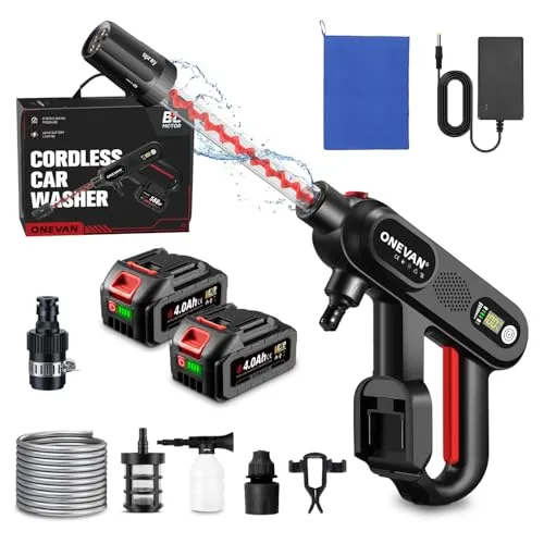 ONEVAN Akku Hochdruckreiniger 80bar - Mobiler Hochdruckreiniger mit 80bar, 2x 4.0Ah Akkus und 5-in-1 Düse für vielseitige Anwendungen. Ideal für die schnelle Reinigung ohne Kabel, perfekt für Garten, Auto und Außenflächen.