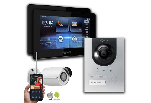 Goliath Intercom Video-Türsprechanlage mit Kamera und Monitoren - Moderne 2-Draht Video-Gegensprechanlage mit 2 Monitoren und 1 IP-Kamera. Ideal für Einfamilienhäuser, bietet Bild- und Videomaterial der Besucher sowie eine benutzerfreundliche App-Steuerung für jederzeitigen Zugriff.