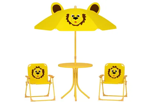 AIYAPLAY 4-tlg. Kindersitzgruppe mit Sonnenschirm - Kinderzimmertisch & -stuhlset mit höhenverstellbarem Sonnenschirm, ideal für 2-5 Jahre alte Kinder. Niedliches Löwen-Design und klappbare Stühle für platzsparende Aufbewahrung.